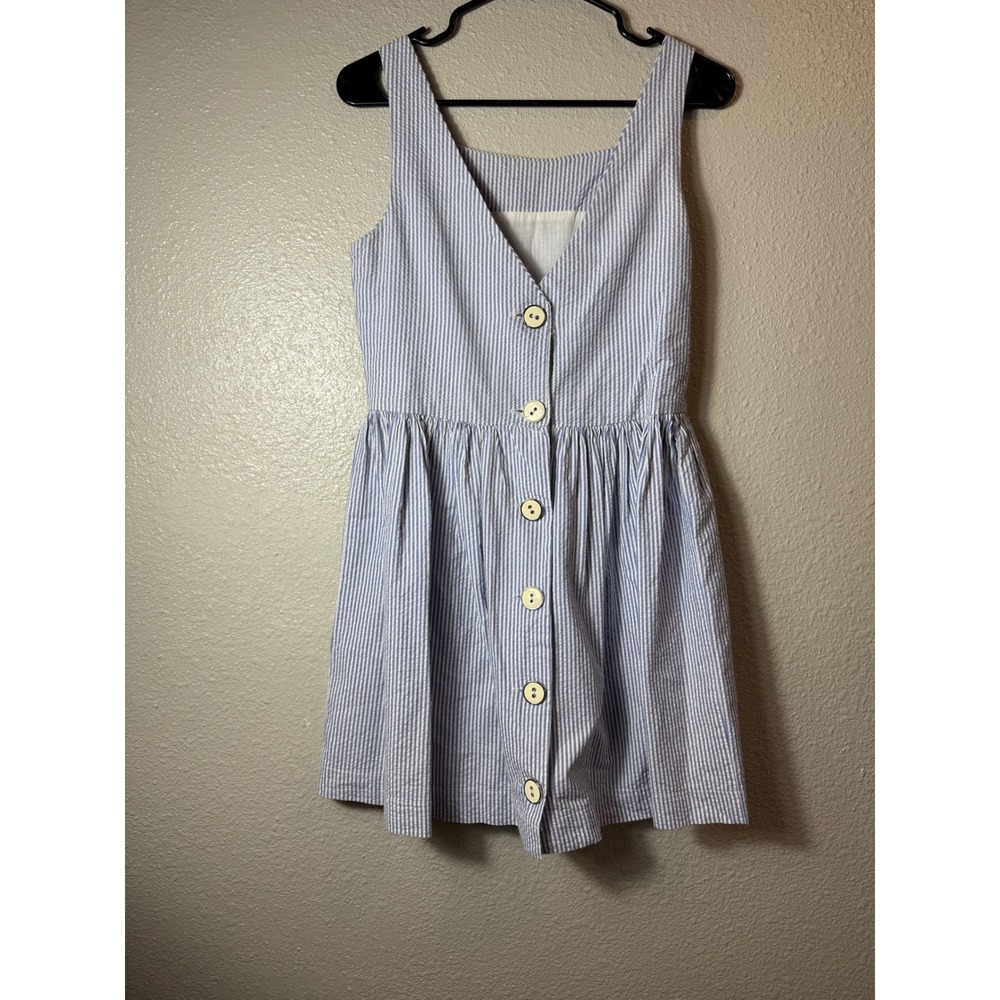Womens Blue White Seersucker Button Front Mini Cotton Dress Size Small